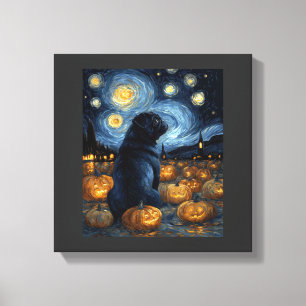 Lienzo Perro Pug negro de la noche estrellada de van gogh