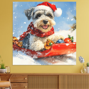 Lienzo Perro Schnauzer en Trineo Deja que Nieve Navidad