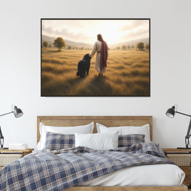 Lienzo perro Terranova caminando con Jesús (Insitu(Dormitorio))