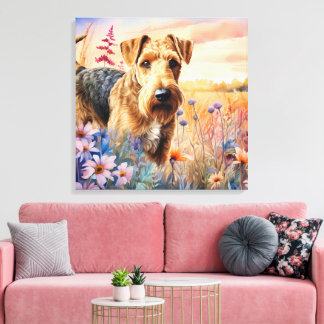 Lienzo Perro Terrier Airedale en una pradera de flores si