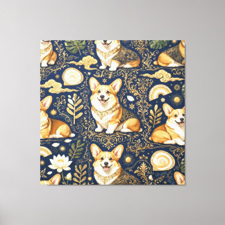 Lienzo Perros Corgi Elegantes Patrón de Damasco Dorado Az