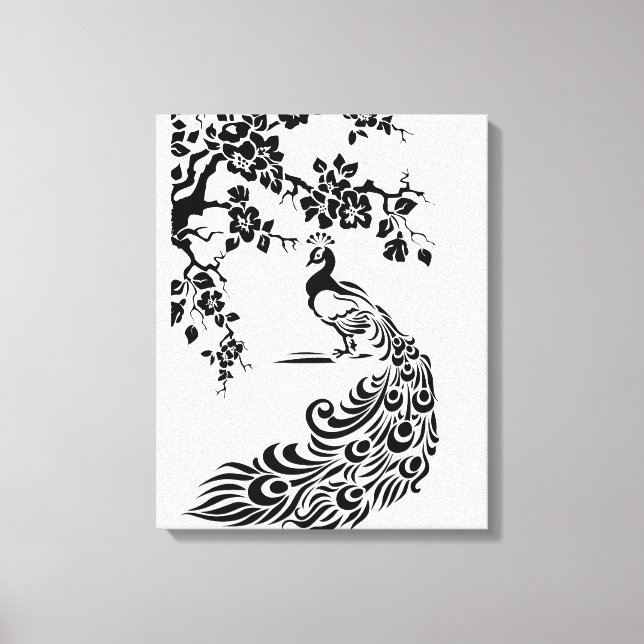 Lienzo Personalizado de pavo real blanco negro y flores d (Anverso)