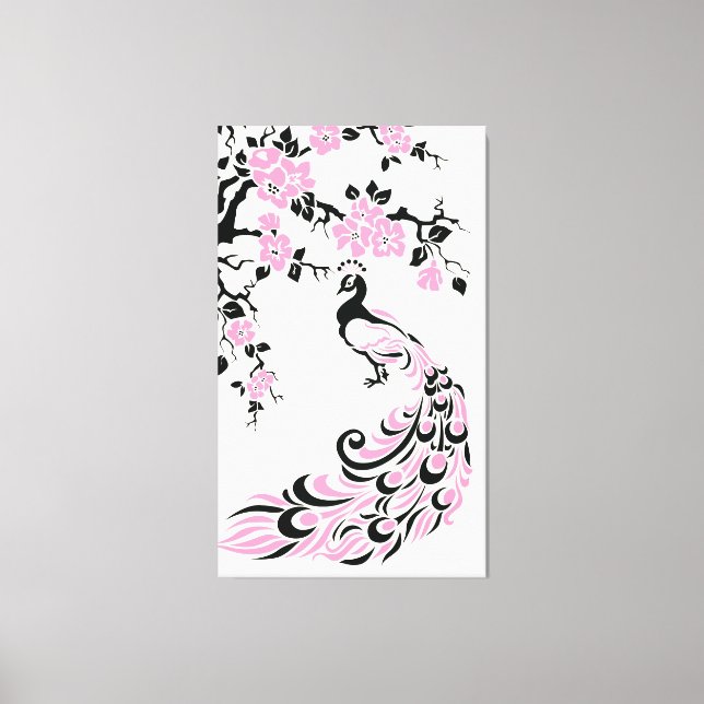 Lienzo Personalizado de pavo real negro, rosa y flores de (Anverso)