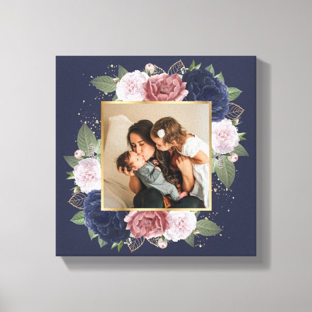 Lienzo Personalizado Floral Rosa Azul Foto De Familia En  (Anverso)
