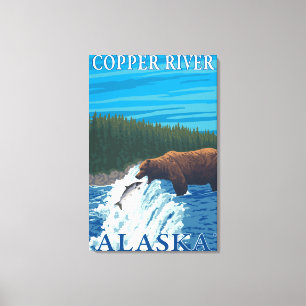 Lienzo Pesca del oso en el río - el río Copper, Alaska