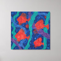 Pescado rojo, algas marinas, animales marinos, art
