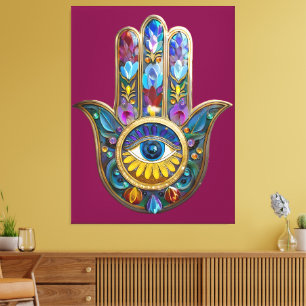 Lienzo Pétalos Coloridos Hojas Hamsa Zafiro Tercer Ojo
