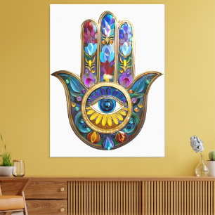 Lienzo Pétalos Coloridos Hojas Hamsa Zafiro Tercer Ojo