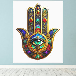 Lienzo Pétalos de Flor de Color de Pavo Real Hamsa Verde