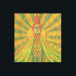 Lienzo Phoenix Sun Bird Goddess Fantasy Surrealismo<br><div class="desc">Impresión de lienzo con arte fantástico. Pájaro de sol con la cara femenina humana, sol brillando en amarillo, naranja y gotas de verde como fondo. Inspirados por las leyendas sobre dioses solares, pájaro Fénix y pájaro de Fuego de cuentos de hadas rusos. Pintura pastoral, arte surrealista, surrealismo pop. © Julia...</div>