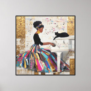 Lienzo Pianista negra con lámina de oro y gato