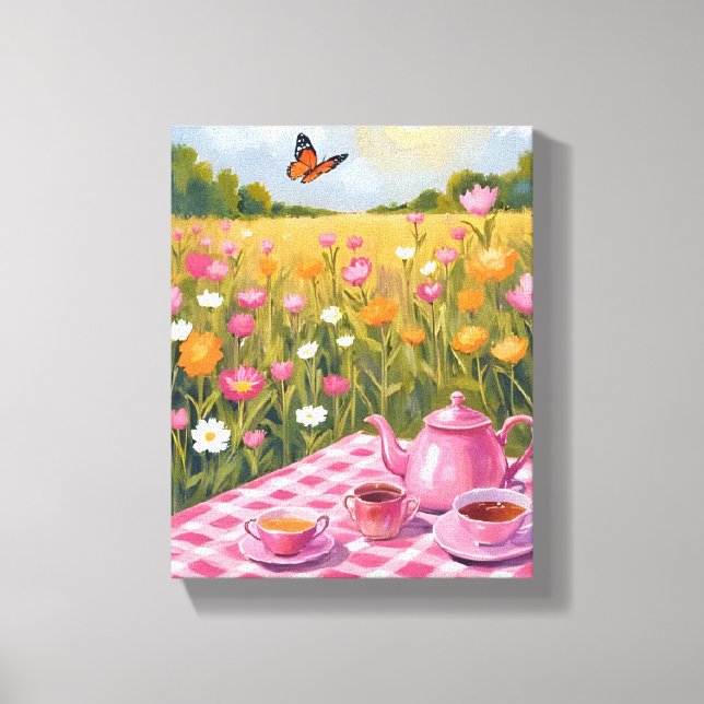 Lienzo Picnic rosa bonito | Mariposa de té de campo de fl (Anverso)