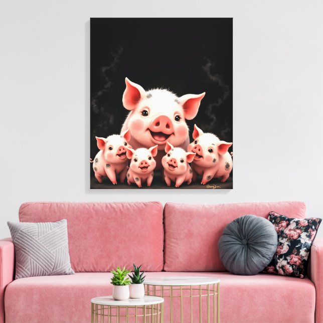 Lienzo Pig Artwork – Mother Pig & Piglets (Insitu (Sala de estar))