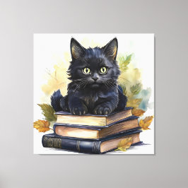 Lienzo Pila de libros de gato negro