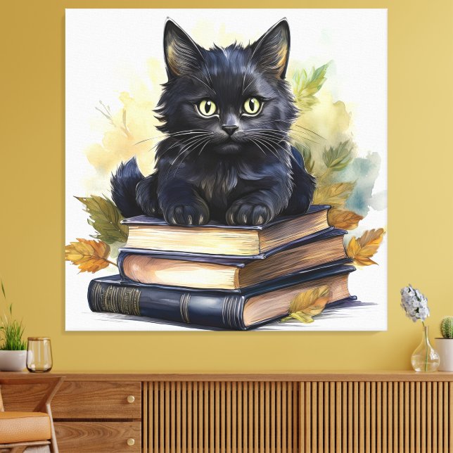 Lienzo Pila de libros de gato negro (Insitu (Sala de estar))