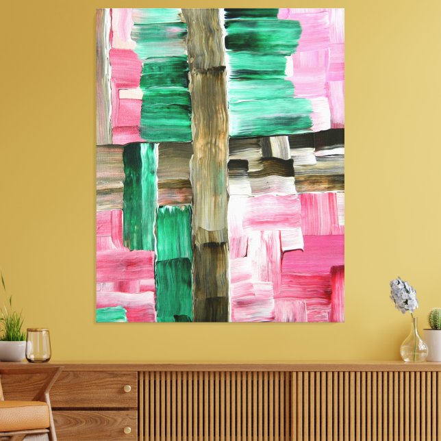 Lienzo Pinceladas abstractas en verde, rosa y marrón (Insitu (Sala de estar))