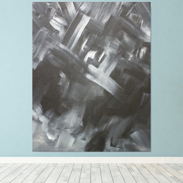 Lienzo Pinceladas abstractas monocromáticas en blanco y n (Insitu (piso de madera))