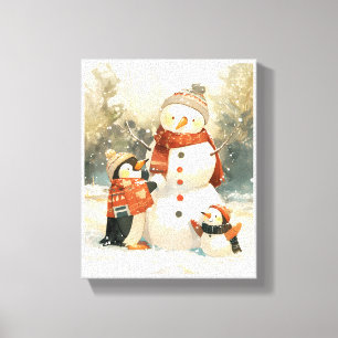 Lienzo Pingüinos Lindos & Muñeco de Nieve – Acuarela Inve
