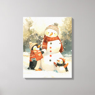 Lienzo Pingüinos Lindos & Muñeco de Nieve – Acuarela Inve