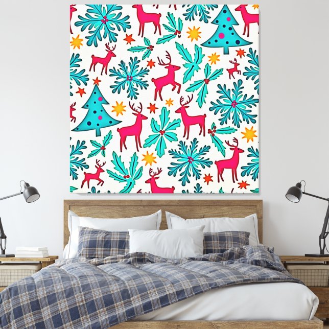 Lienzo Pink Reindeer Teal Tree Pattern Design (Insitu(Dormitorio))