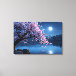 Lienzo Pink Sakura Tree & Full Moon Night Canvas Print