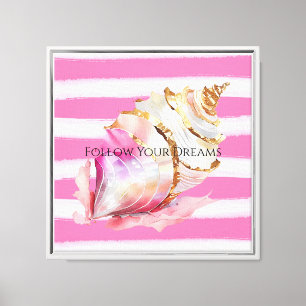 Lienzo Pink Watercolor Beach Strips Gold Shell