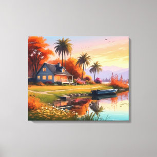 Lienzo Pintado de la naturaleza con el sol con el lago, c