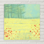 Lienzo Pintado paisajístico de Meadow<br><div class="desc">Un moderno cuadro paisajístico contemporáneo con una tranquila florida pradera de verano con pájaros volando contra el cielo y un bosque de pinos a lo lejos. Los colores amarillo y verde son frescos y edificantes. Arte original de Nic Squirrell.</div>