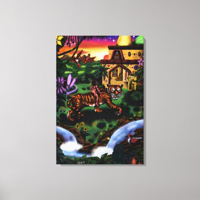 Lienzo pintor de un hombre montando un templo de la jungl (Anverso)