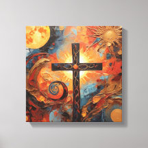 Pintura abstracta con luna de sol y cruz