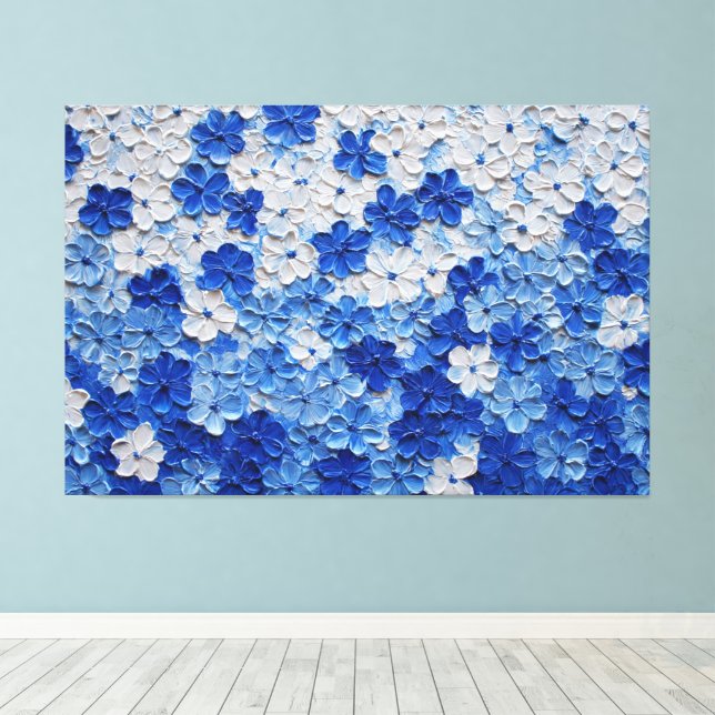 Lienzo Pintura abstracta de flores en azul y blanco con t (Insitu (piso de madera))