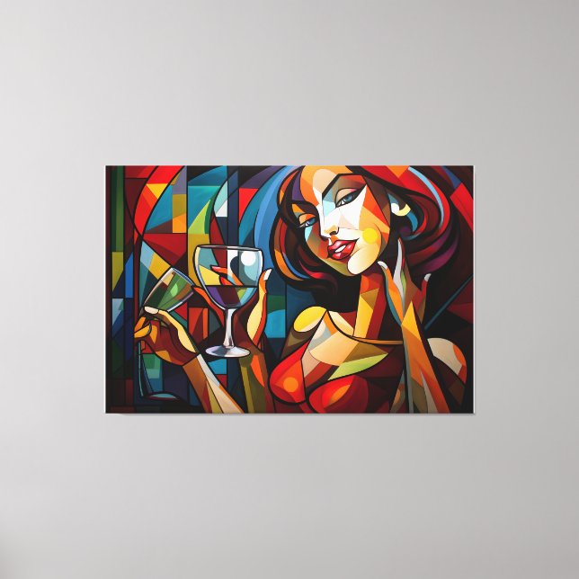 Lienzo Pintura abstracta de una mujer sosteniendo una cop (Anverso)