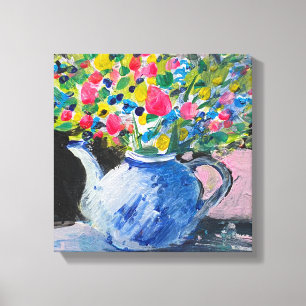 Lienzo Pintura acrílica, flores coloridas en la tetera