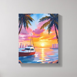 Lienzo Pintura Acuarela Atardecer en Miami Beach Boat Bay