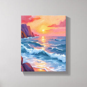 Lienzo Pintura Acuarela de Olas del Océano en la Playa al
