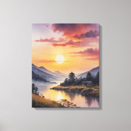 Lienzo pintura acuarela de un río con montañas y