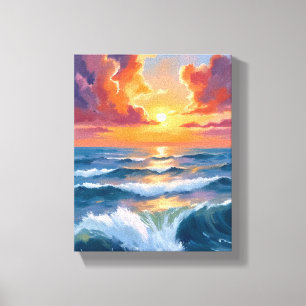 Lienzo Pintura Acuarela del Océano en Puesta de Sol en el