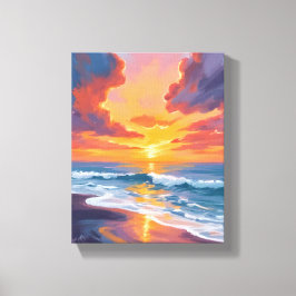Lienzo Pintura al Acuarela de la Puesta de Sol en la Play