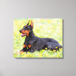 Lienzo Pintura al acuarela de perro Doberman sentado en e