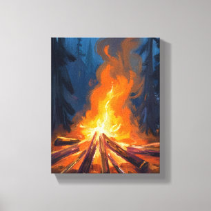 Lienzo Pintura al Acuarela del Bosque con Fogata