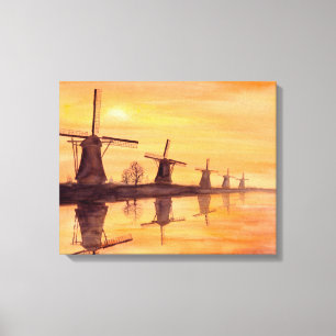 Lienzo Pintura al Acuarela Molinos de Viento Puesta de So