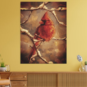 Lienzo Pintura al óleo de cardenal rojo - Rama de inviern