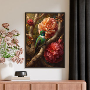 Lienzo Pintura al óleo de colibrí verde floral naturaleza