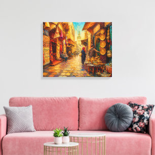 Lienzo Pintura al óleo de la calle del zoco marroquí