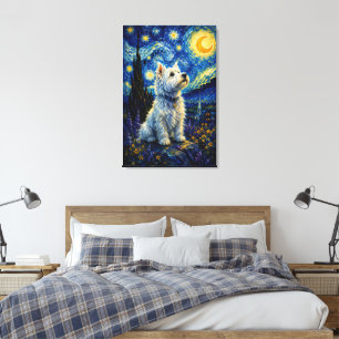 Lienzo Pintura al óleo de la noche estrellada con Terrier