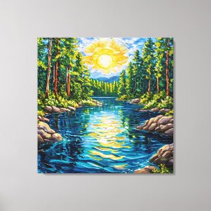 Lienzo Pintura al óleo de lago en bosque