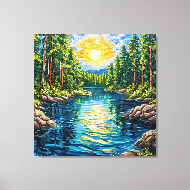 Lienzo Pintura al óleo de lago en bosque (Anverso)