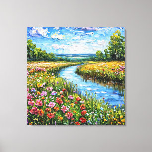 Lienzo Pintura al óleo de lago y campo de flores