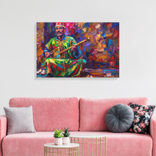 Lienzo Pintura al óleo de músico tradicional marroquí Gna