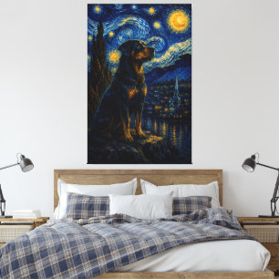 Lienzo Pintura al óleo de Rottweiler Noche Estrellada – V